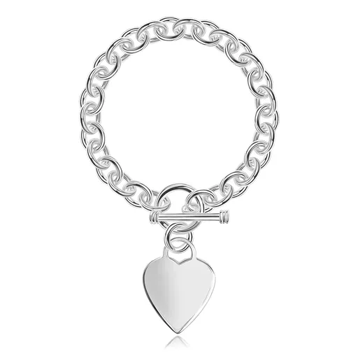 Stříbrný náramek 925, oválná očka řetízku, ploché a lesklé srdce