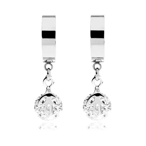 Lesklé ocelové náušnice stříbrné barvy, visící čirý zirkon