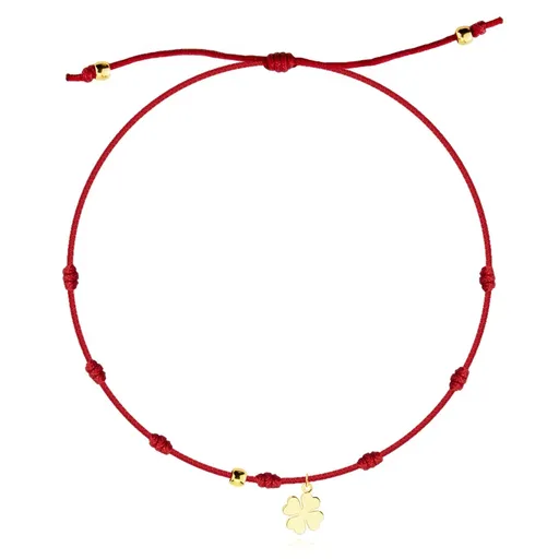 Nastavitelný náramek se zlatým přívěskem 585 - čtyřlístek, červená šňůrka