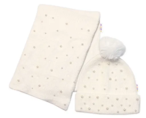Baby Nellys Zimní čepice s bambulí + šál, Pearls, smetanová vel.  54/58