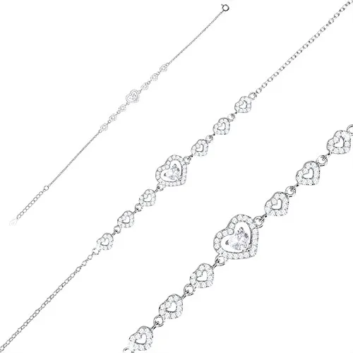 Stříbrný náramek 925 - série zirkonových srdíček, větší srdce se zirkonem