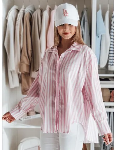 Dámská košile nadměrné velikosti s prodlouženými zády SAMONE s růžovými a bílými pruhy