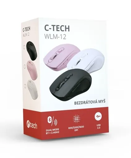 C-TECH myš Dual mode WLM-12PK, bezdrátová, 1600DPI, 6 tlačítek, růžová, USB nano receiver