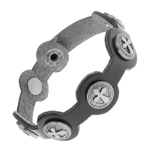 Nastavitelný černý náramek z umělé kůže, ocelové kruhy s kříži