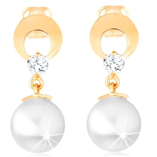 Zlaté náušnice 14K s obrysem kruhu, syntetickou perlou a zirkónem