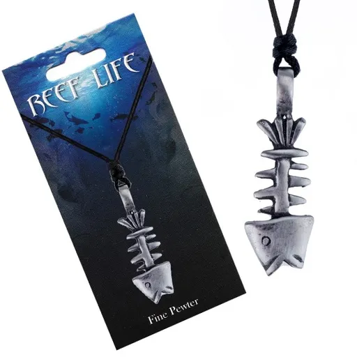 Náhrdelník - šňůrka a kovový přívěsek, patinovaná kostra ryby