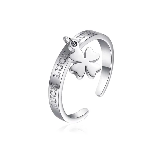 S'Agapõ Otevřený prsten z oceli s přívěskem Čtyřlístek Click SCK150