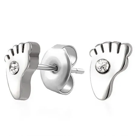 Ocelové náušnice, stopa chodidla se zirkonem čiré barvy, puzetky