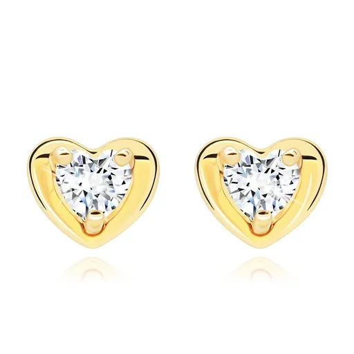 Zlaté náušnice 14K s čírym zirkonem ve tvaru srdce a hladkým obrysem