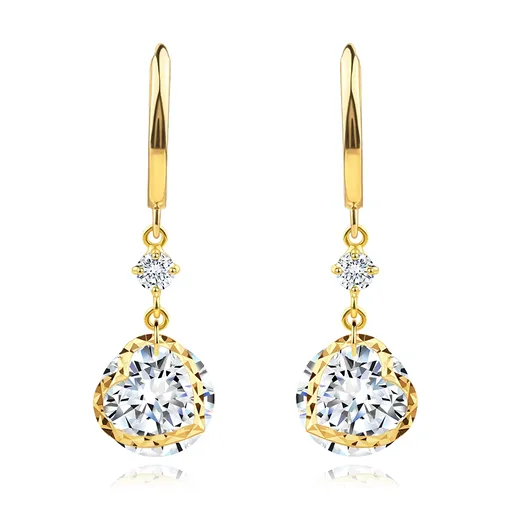 Náušnice ze žlutého 14K zlata - kruhy, čiré zirkony, tvar srdce