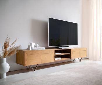 TV stolík Kayu 240 cm prírodná akácia 4 dvierka podstavec v tvare V