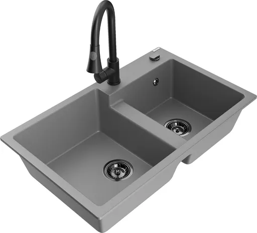 MEXEN/S Tomas granitový dřez 2-bowl včetně baterie Elia, šedá 6516-71-670101-70-B