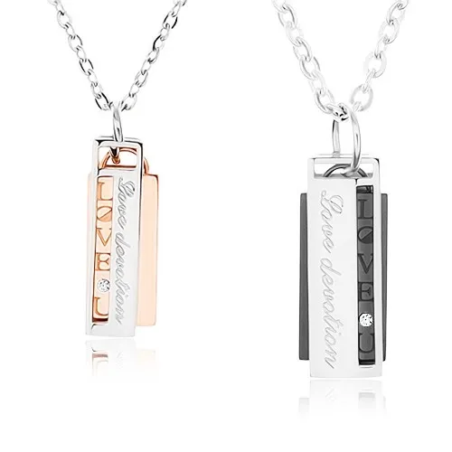Set ocelových náhrdelníků pro pár, obdélníky s výřezem, "Love devotion"
