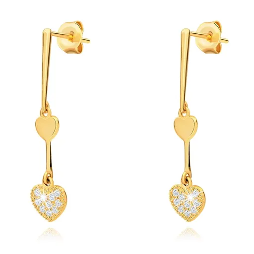 Zlaté náušnice 14K s línií dvou srdcí a zirkonovým zdobením