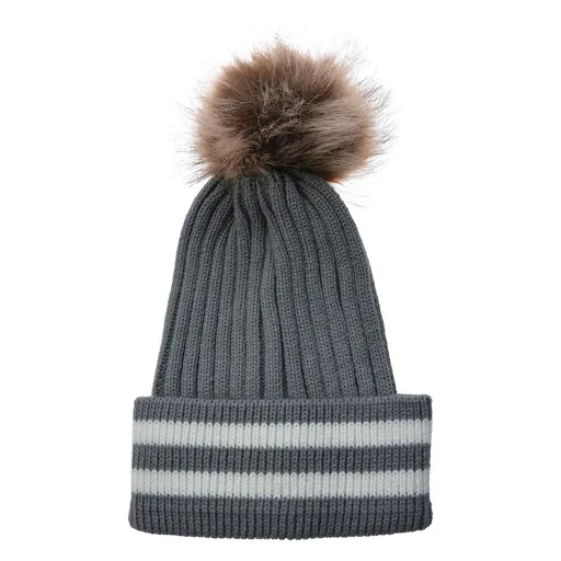 Šedá čepice s pruhy a hnědou bambulí - 20 cm JZCA0017G