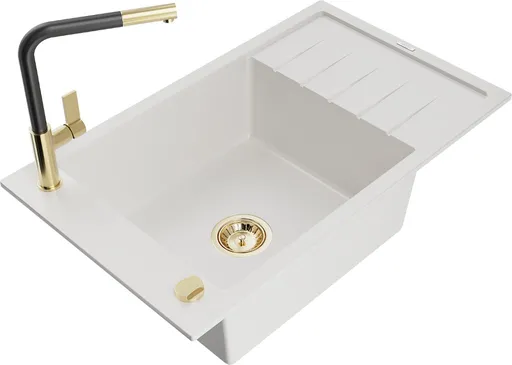 MEXEN/S Elias granitový dřez 1 s odkapávačem včetně baterie Flora, bílá 6511-20-670401-57-G