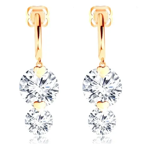 Náušnice ze žlutého 14K zlata - kulaté čiré zirkony a drobná plochá srdíčka