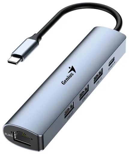 Genius UH-545 USB Hub, externí, USB-C na 3× USB 3.0, 1× USB-C, RJ-45 Gigabit Ethernet, 15cm, šedý