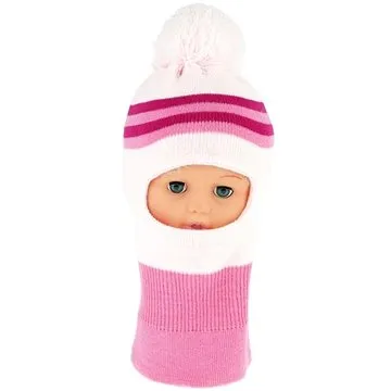 BABY NELLYS Zimní čepička/kukla s bambuli - sv. růžová s proužky (65658801)