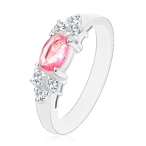 Blýskavý prsten ve stříbrném odstínu, růžovo-čirá zirkonová mašlička - Velikost: 50