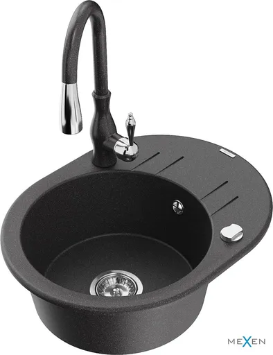 MEXEN/S Kevin granitový dřez 1 s odkapávačem včetně baterie Savita, černá kropenatá 6517-76-672601-76