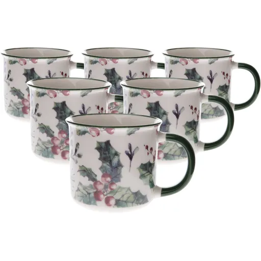 Sada 6 porcelánových hrnků Vánoční cesmína 300 ml, 300 ml