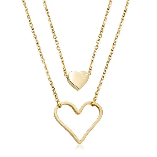 Ocelový náhrdelník zlaté barvy, malé plné srdíčko, velký obrys srdce, dva řetízky