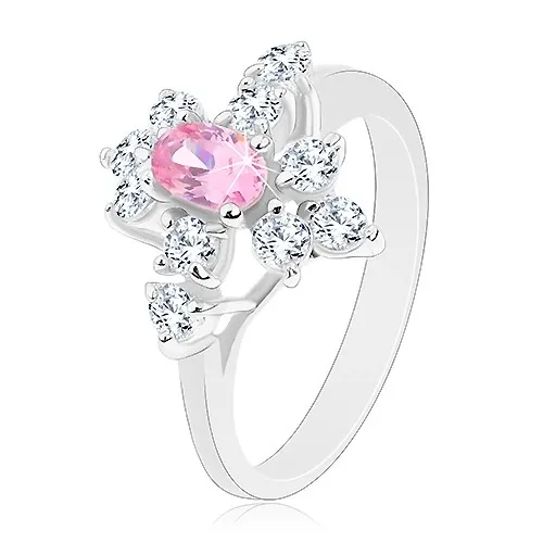 Třpytivý prsten ve stříbrné barvě, růžový ovál, čiré zirkonky - Velikost: 49