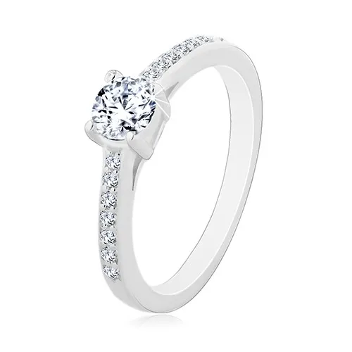 Zásnubní prsten ze stříbra 925, kulatý čirý zirkon, tenká zirkonová ramena - Velikost: 48