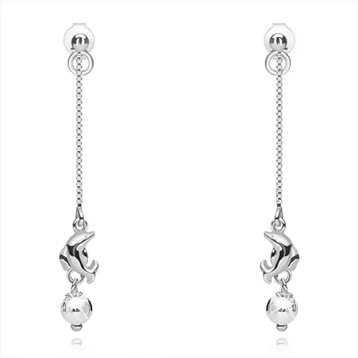 Náušnice ze stříbra 925, delfín a kulička na tenkých řetízcích