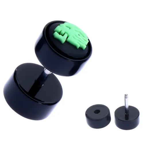 Akrylový fake plug do ucha - zelená lebka na kolečku