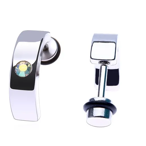 Ocelový fake piercing do ucha - lesklý pás s duhovým zirkonem