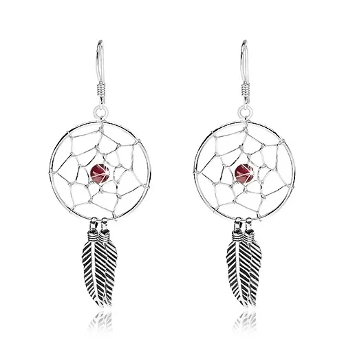Stříbrné náušnice 925, tmavě červená kulička, kruhový lapač snů, 20 mm