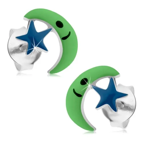 Puzetové náušnice ze stříbra 925, zelený měsíc, modrá hvězda, glazura