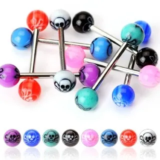 Piercing do jazyka - lebka na kuličce - Barva piercing: Modrá - Černá