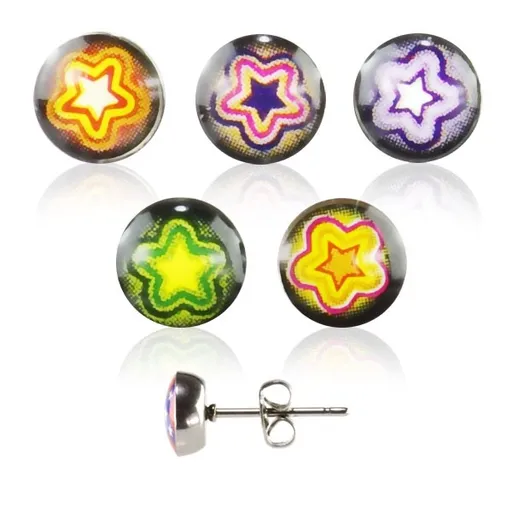 Kulaté náušnice z oceli - barevná hvězda - Barva: Černá - růžová
