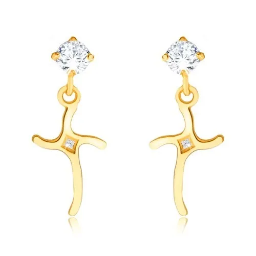 Briliantové náušnice ze žlutého 14K zlata - zvlněný kříž ozdobený diamanty