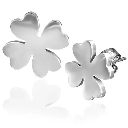 Náušnice z chirurgické oceli, čtyřlístek pro štěstí, stříbrná barva