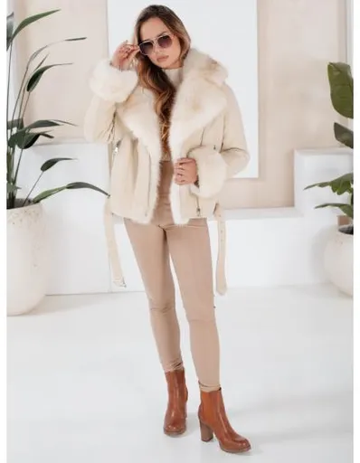 Dámská zimní bunda ramoneska s kožešinou béžová