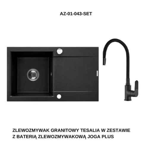 INVENA Granitový dřez TESALIA dlouhý odkap, černý s automatickým sifonem, chrom + baterie JOGA PLUS AZ-01-043-SET