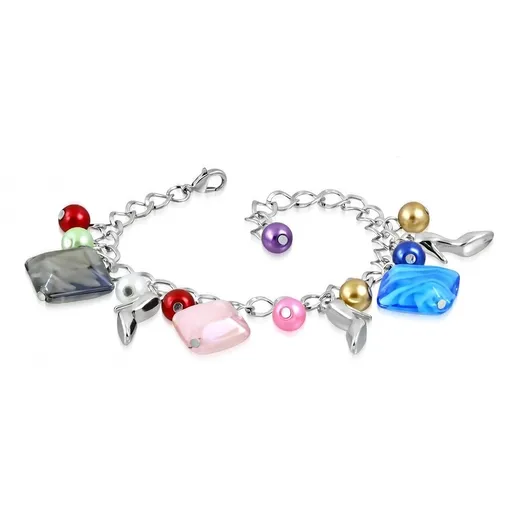 Náramek - lesklý řetízek, lodičky, barevné syntetické perličky a korálky