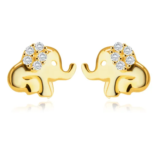 Náušnice ve žlutém 14K zlatě - sedící slon s chobotem, ucho ozdobené kulatými zirkony