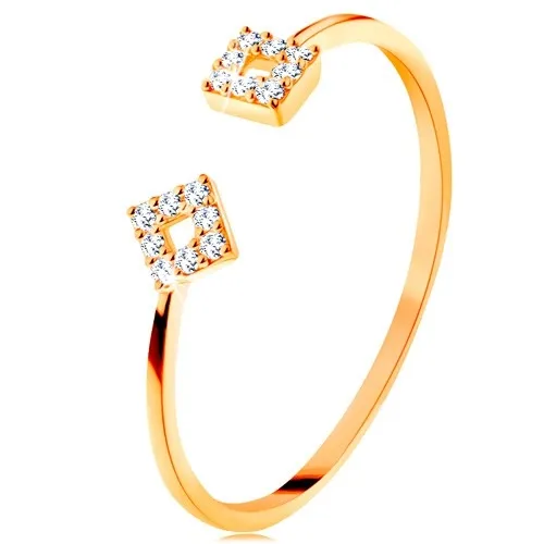 Prsten ze žlutého 14K zlata s oddělenými rameny, malé zirkonové čtverce - Velikost: 51