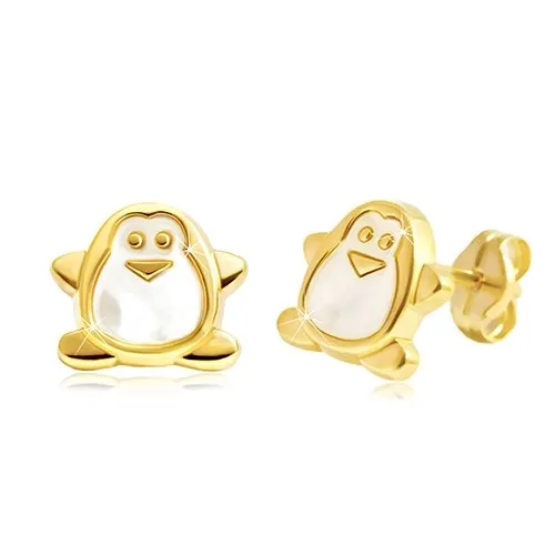 Náušnice ze žlutého zlata 585 - tučňák s bílou perletí, puzetky