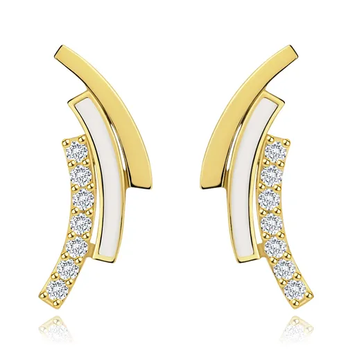 Zlaté náušnice 585, tři obloučky - zirkonový, bílý a hladký, puzetky