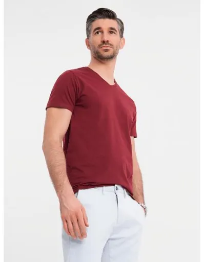 Pánské klasické bavlněné tričko BASIC s výstřihem do V – kaštanové V10 OM-TSBS-0237