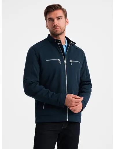 Pánská motorkářská bunda s límcem a kapsami tmavě modrá