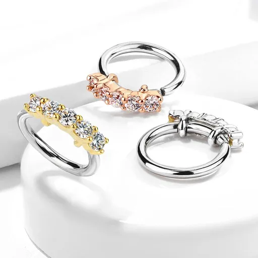 Ocelový piercing do nosu, do ucha - lesklý kroužek, pět kulatých zirkonů, 0,8 mm - Barva piercing: Zlatá