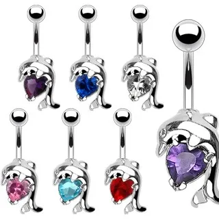 Ocelový piercing do pupíku - delfín a zirkonové srdce - Barva zirkonu: Růžová - P