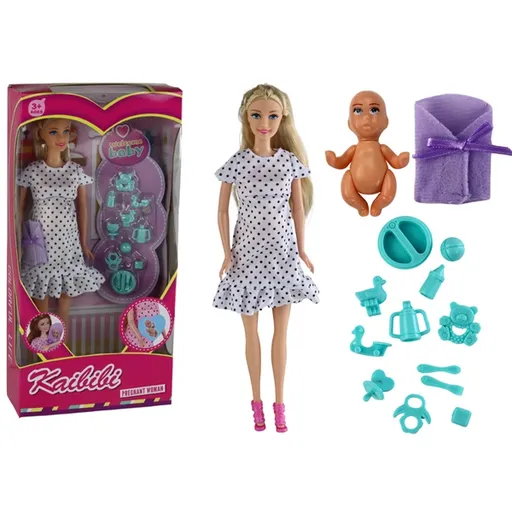 Těhotná panenka v bílých tečkovaných šatech